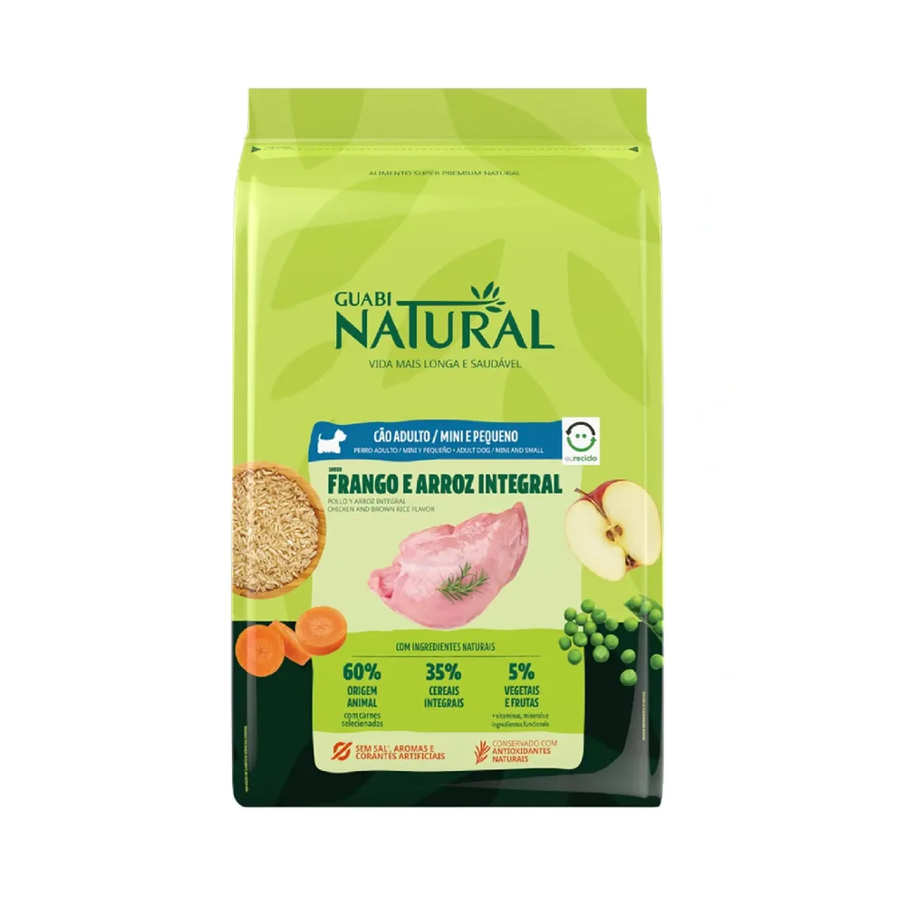 Ração Guabi Natural — cães adultos de raças mini e pequenas, frango e arroz integral